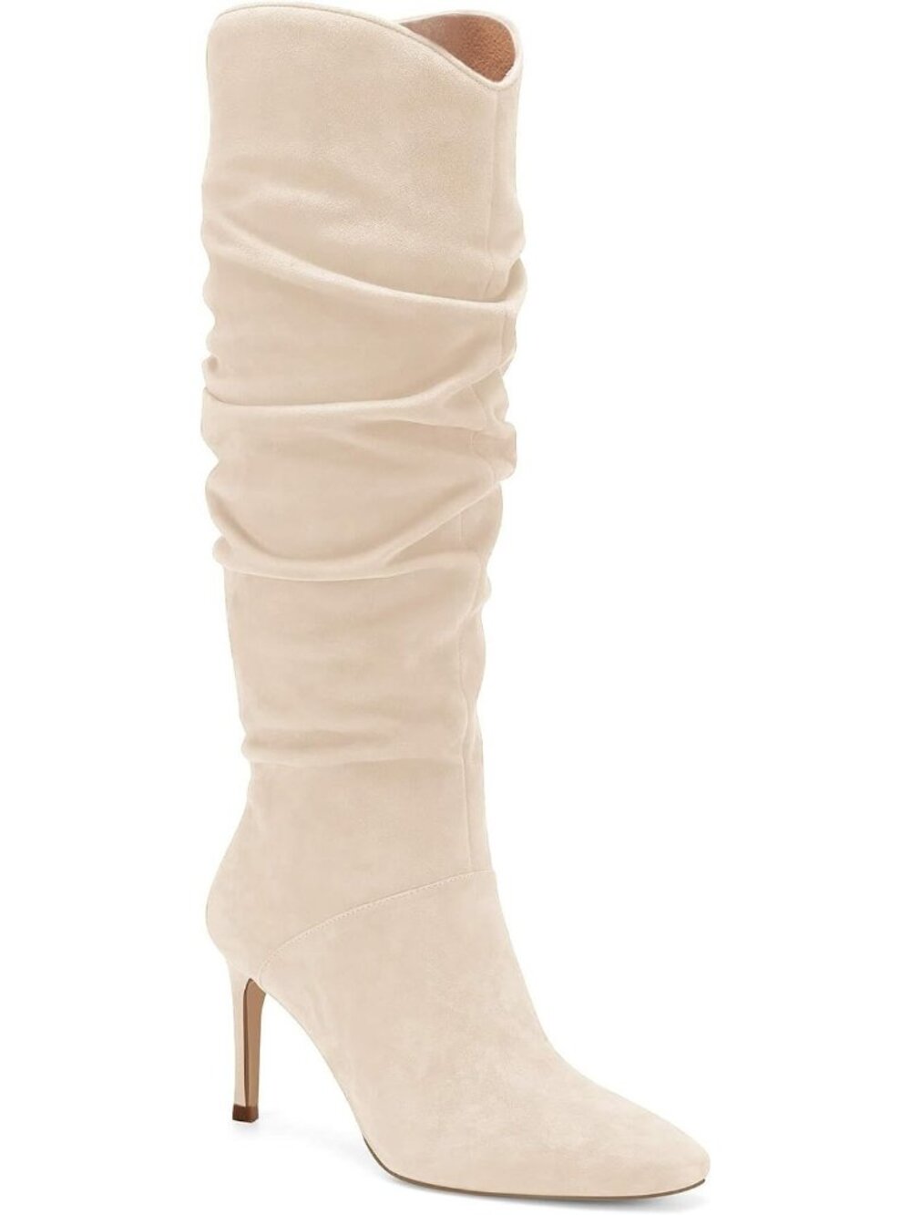 Women's Beige Faux Suede Almond Toe Stiletto High Heel Slouchy Side Zipper Boots